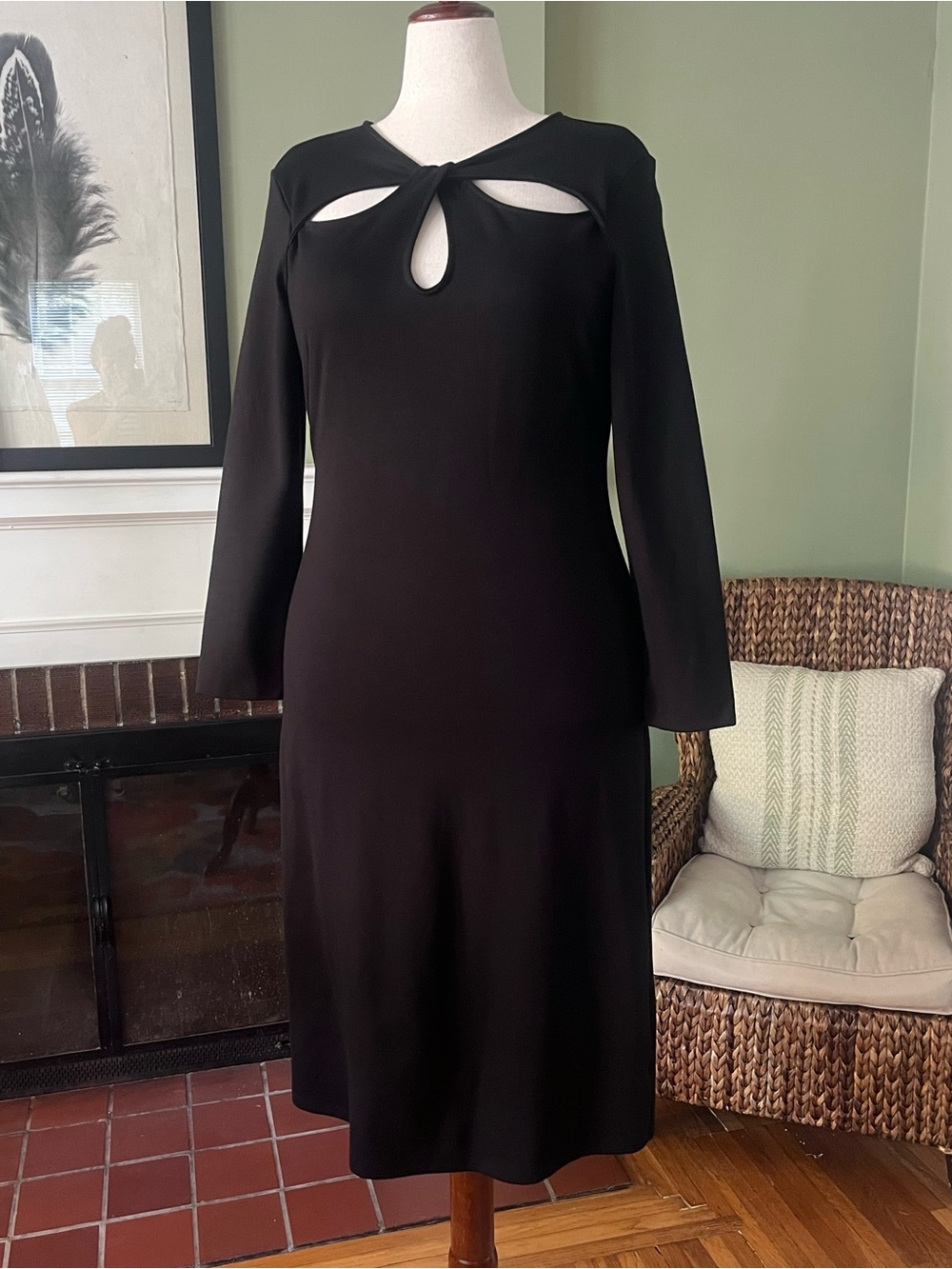 Black Ponte Midi Dress Long-Sleeve Twist-Neck - L Petite